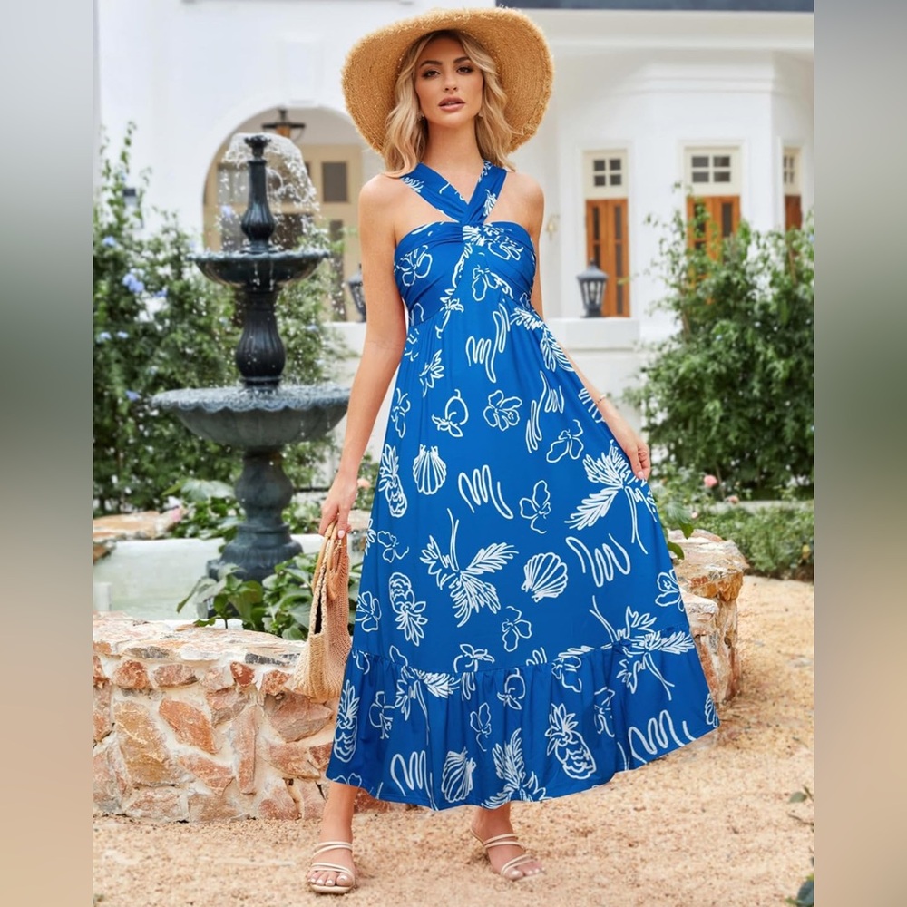 GRACE KARIN 2025 Criss Cross Halterneck Floral Print Flowy A Line Maxi Dress